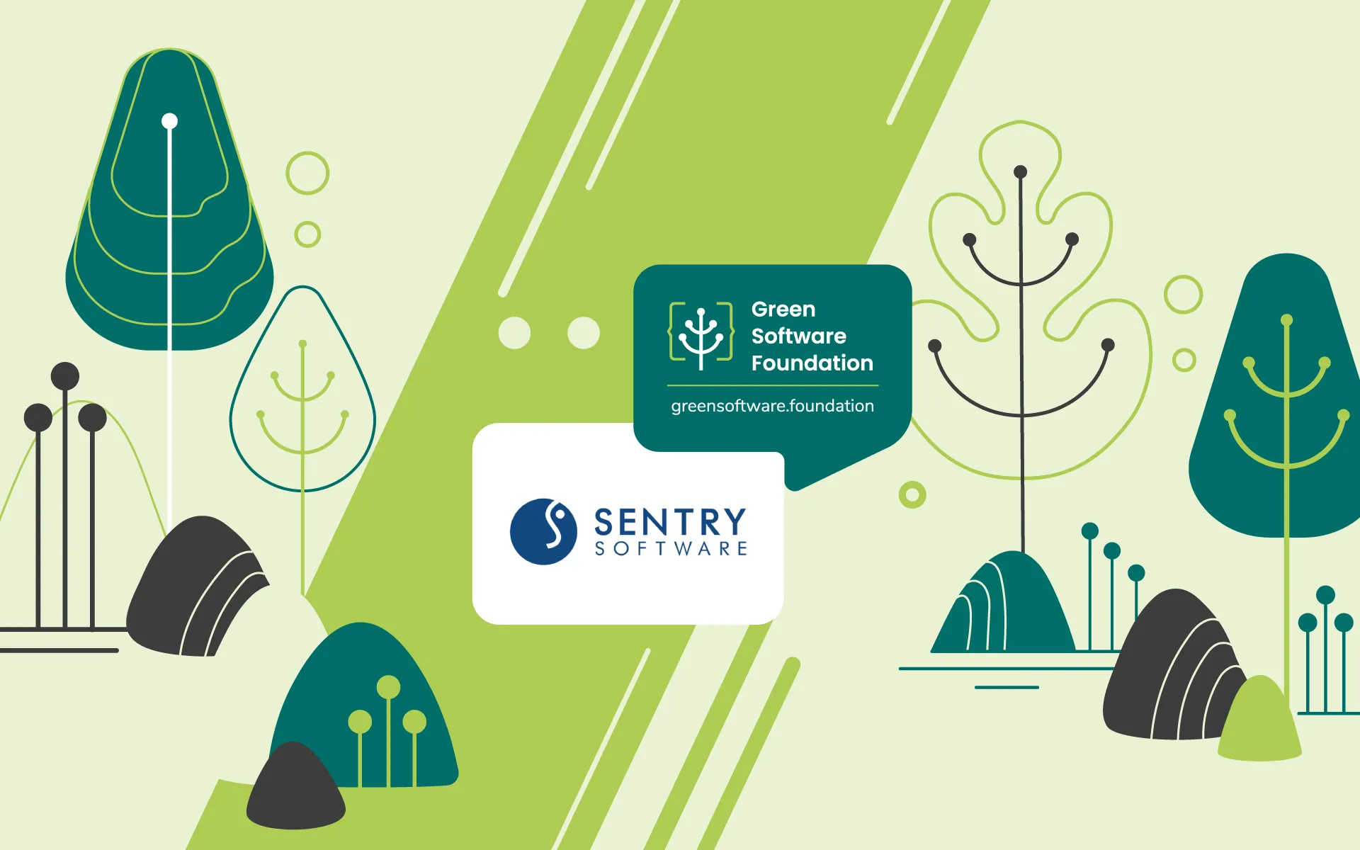 Green Software Foundation and Sentry Software logos on a nature-themed illustration