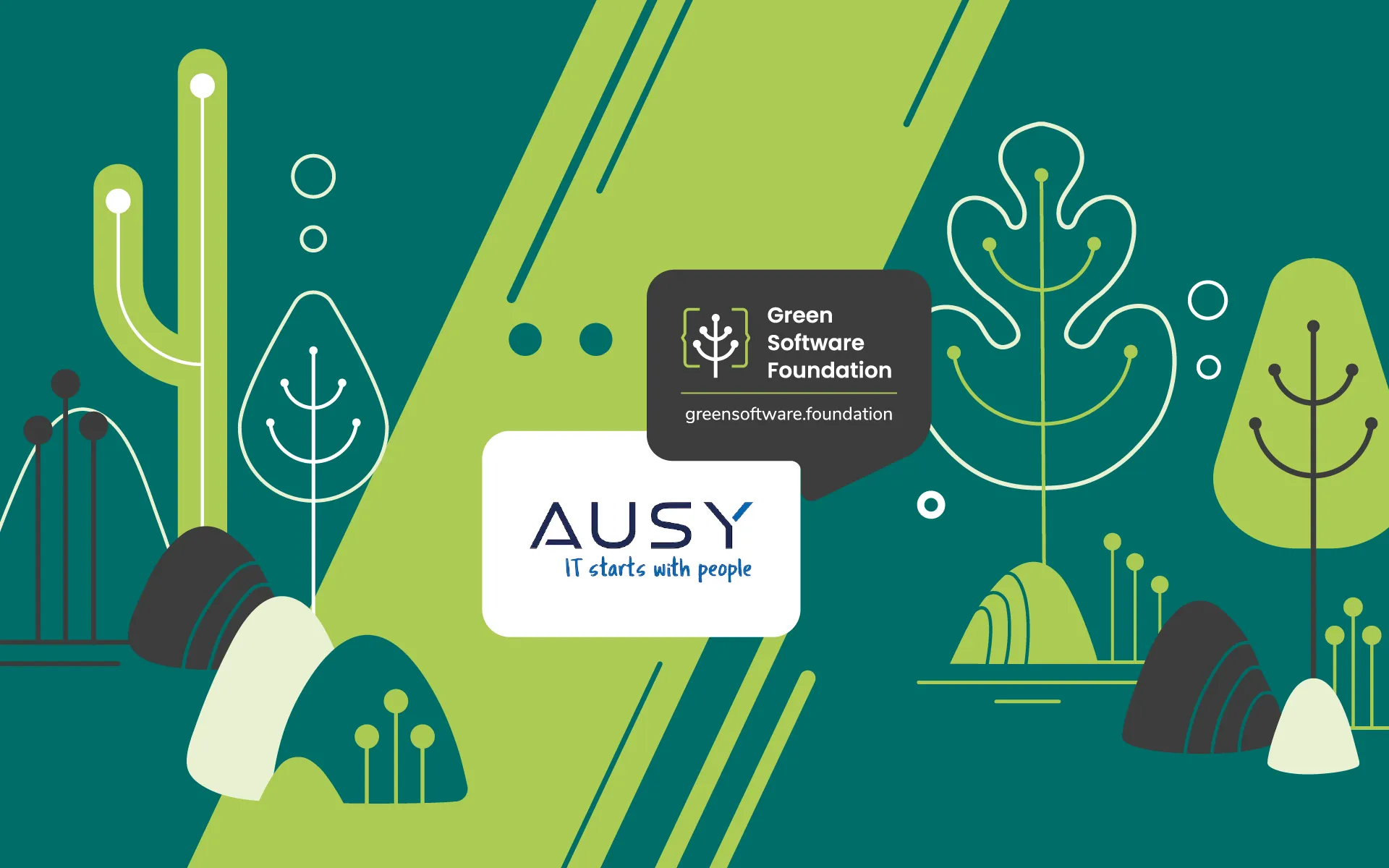 Green Software Foundation and AUSY logos on illustrated green nature background