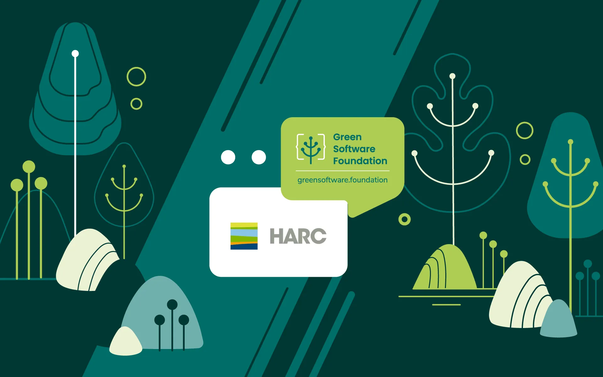 Green Software Foundation and HARC logos on a dark nature-themed illustration
