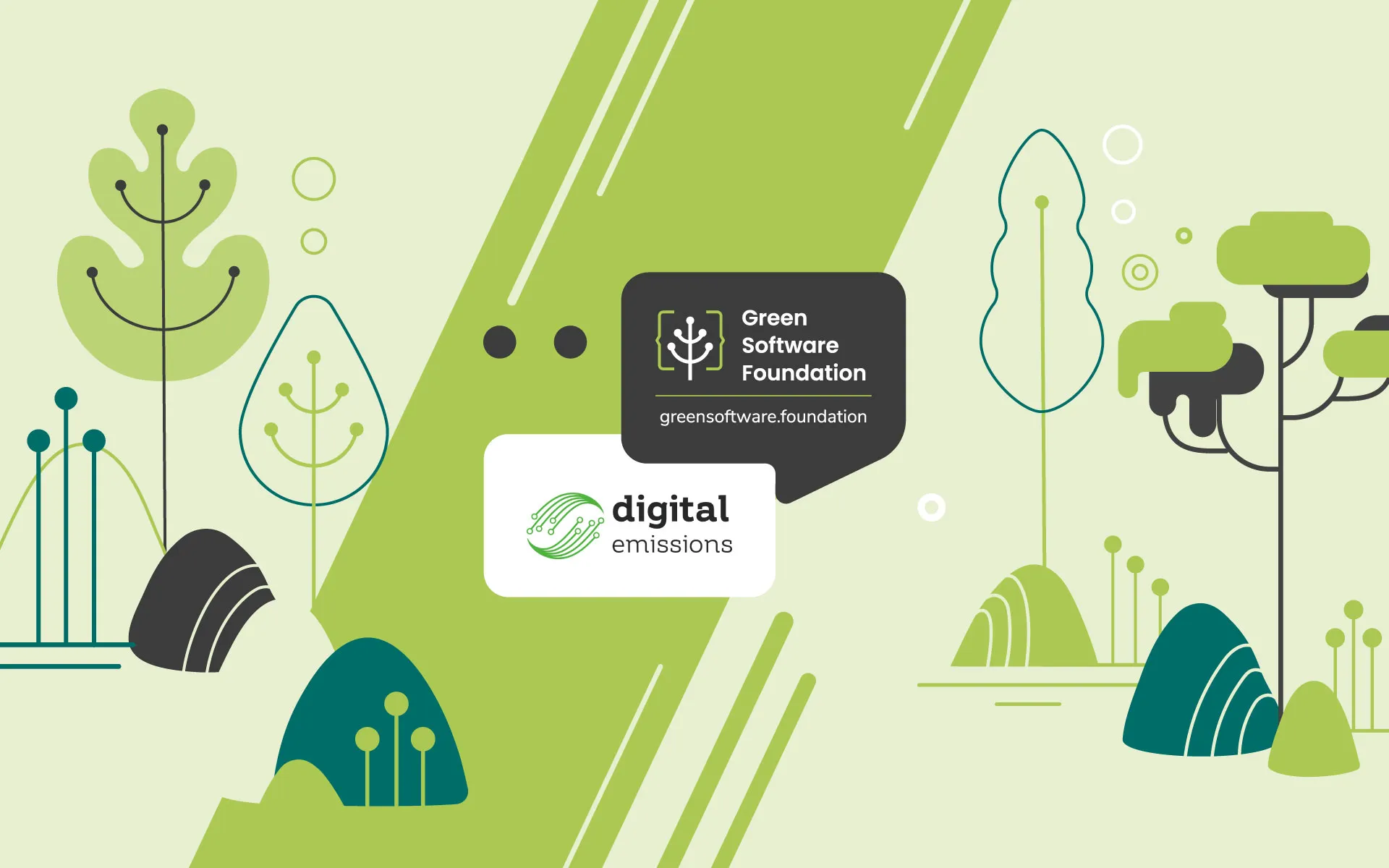 Green Software Foundation and Digital Emissions logos on a nature-themed illustration