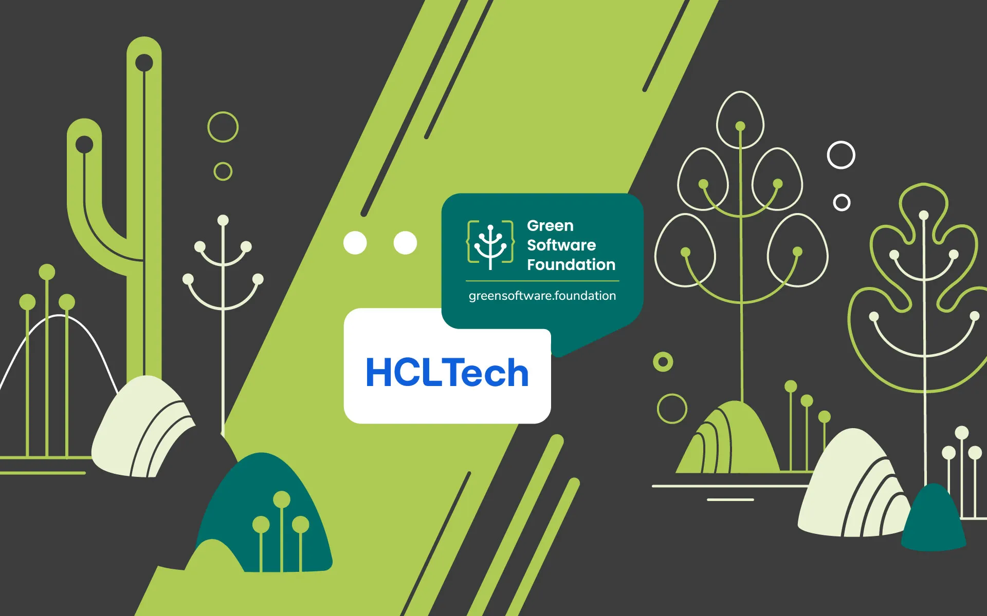 Green Software Foundation and HCLTech logos on a dark nature-themed illustration