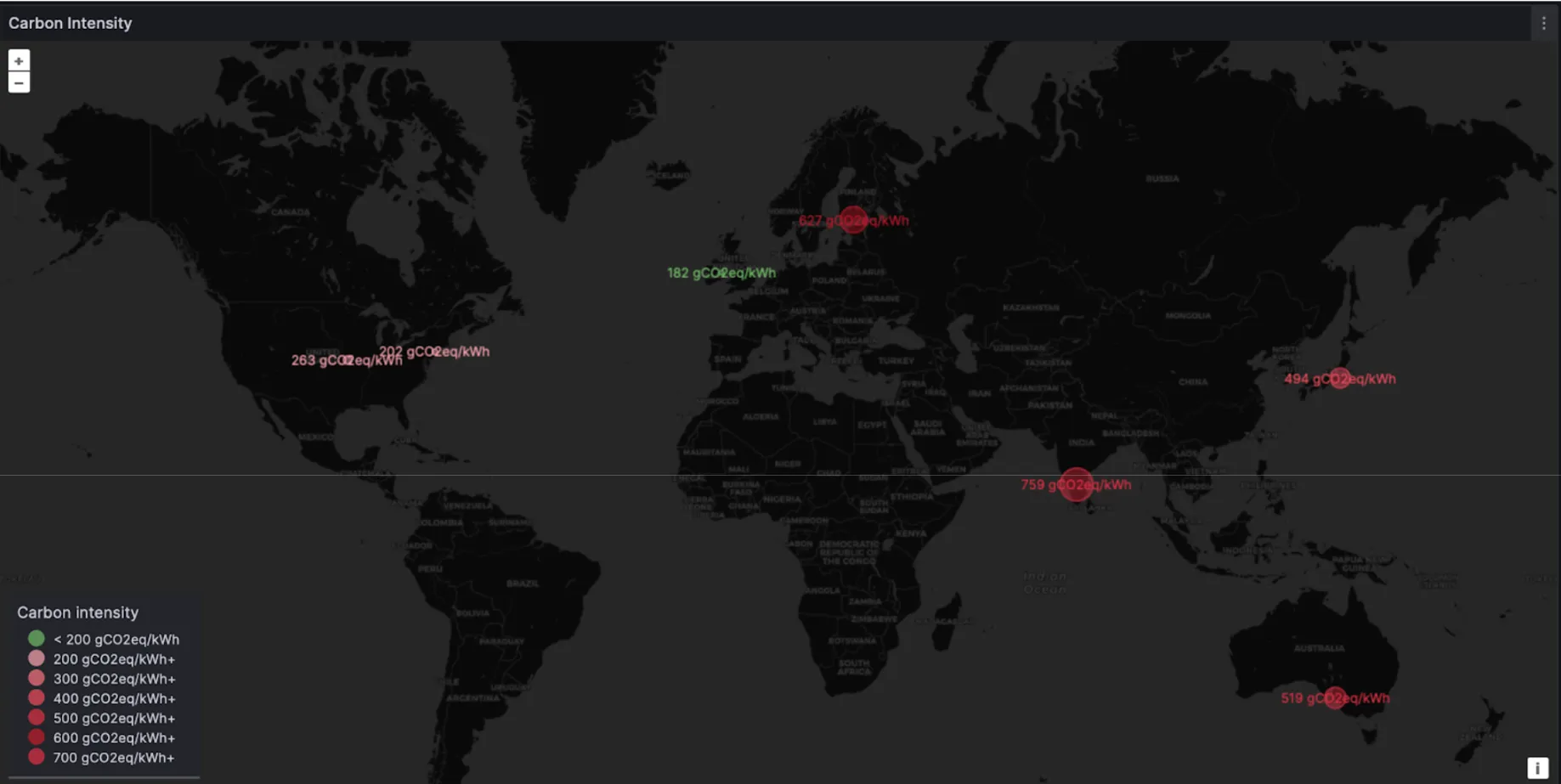World map showing carbon intensity values by region in gCO2eq/kWh, visualised via Grafana