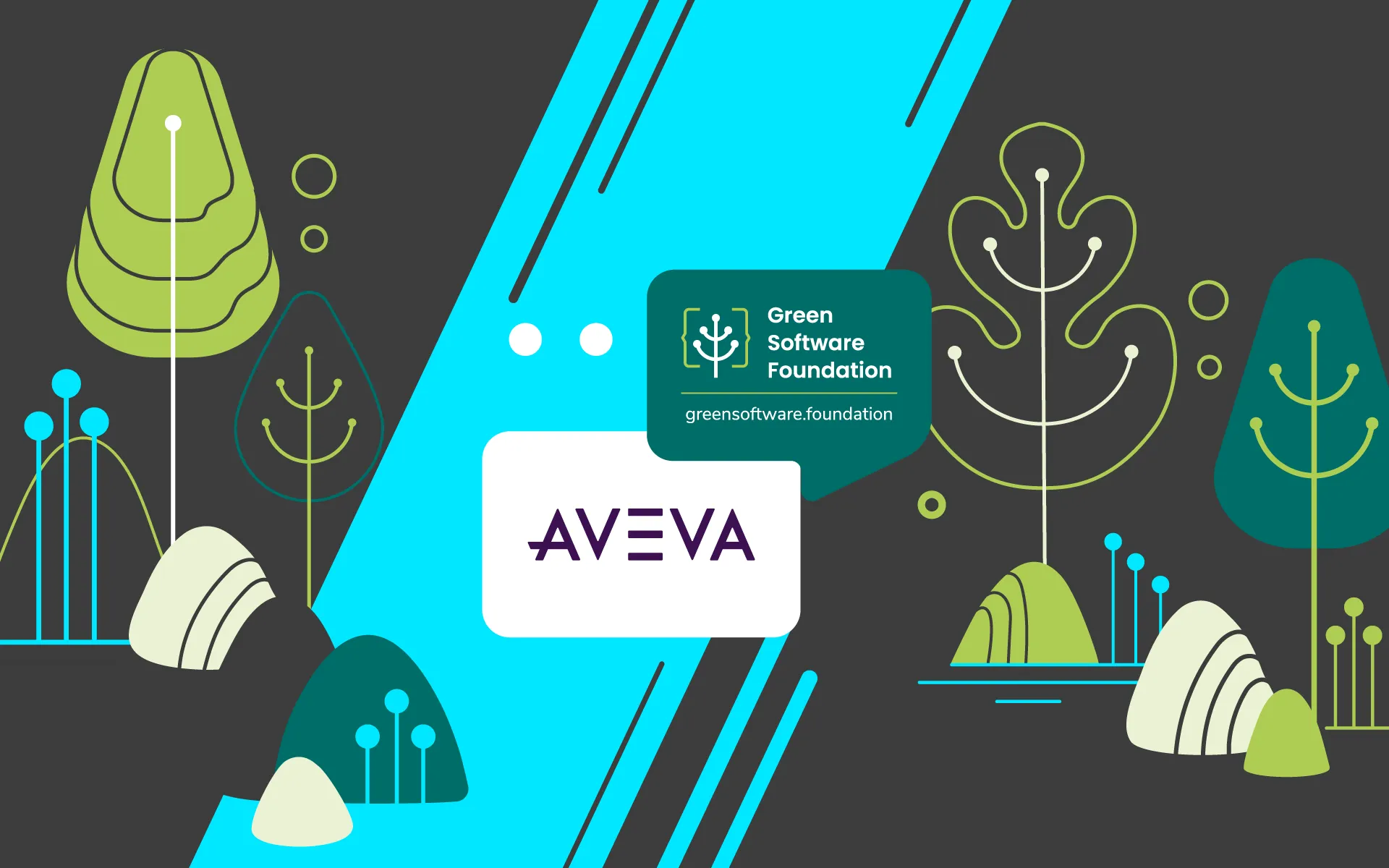 Green Software Foundation and AVEVA logos on a dark nature-themed illustration