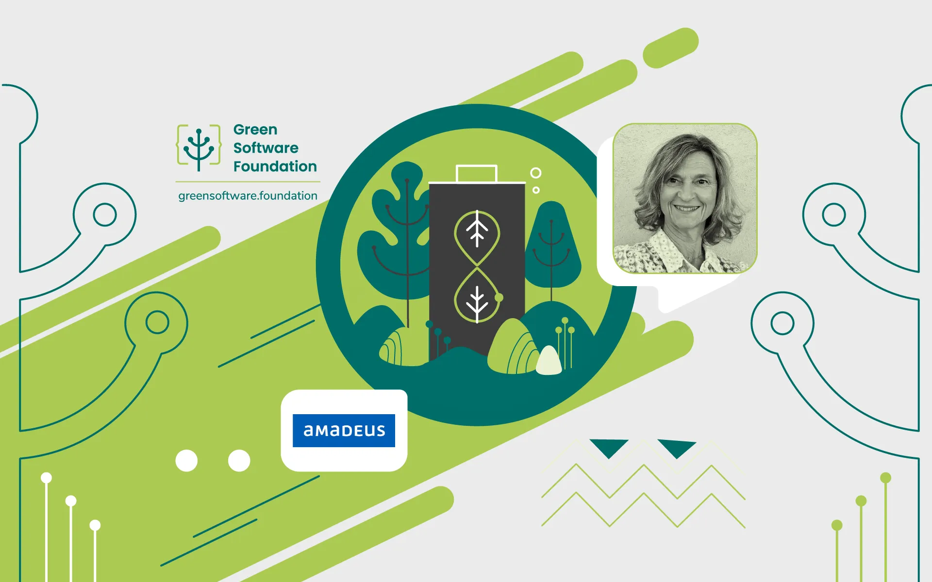 Green Software Foundation and Amadeus logos with portrait of Virginie Corraze